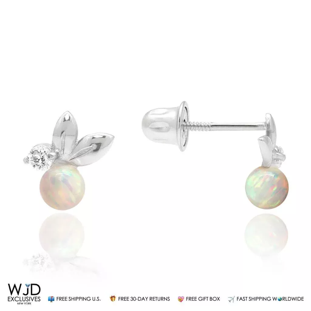 0.05CTW CZ White Fire Opal 14K White Gold Leaf Ball Stud Earrings