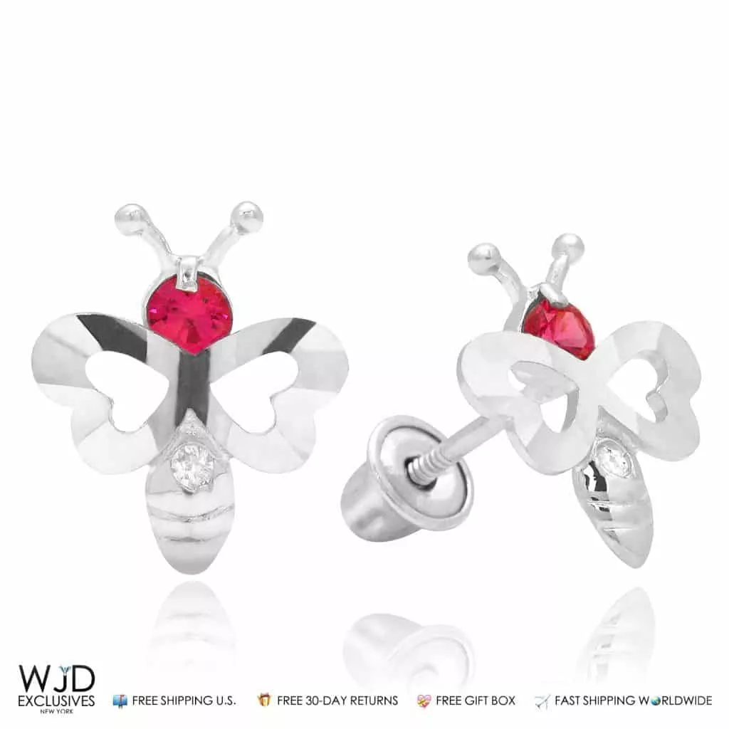 0.10CTW CZ Bee Ruby Stud Earrings 14K White Gold 0.4"