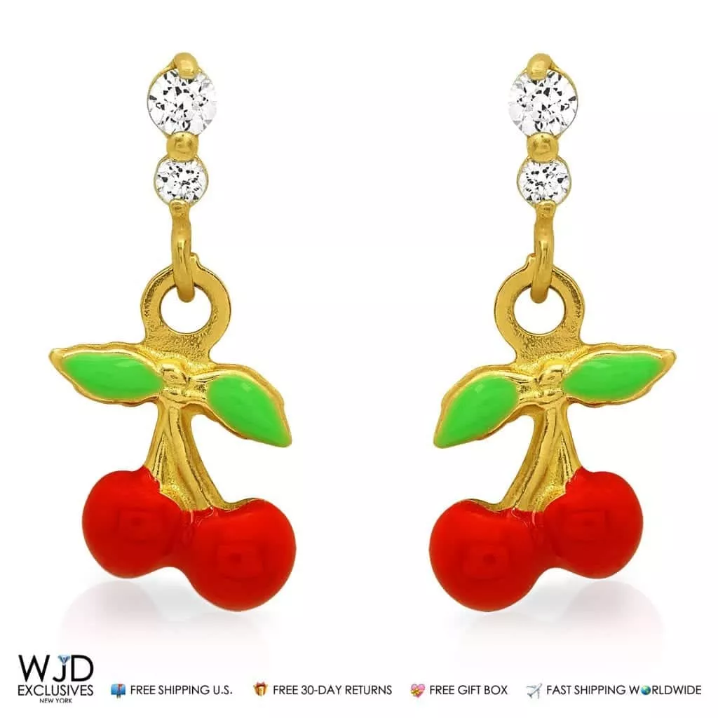 0.20Ct CZ Cherry Dangle Earrings 14K Yellow Gold Screw Back