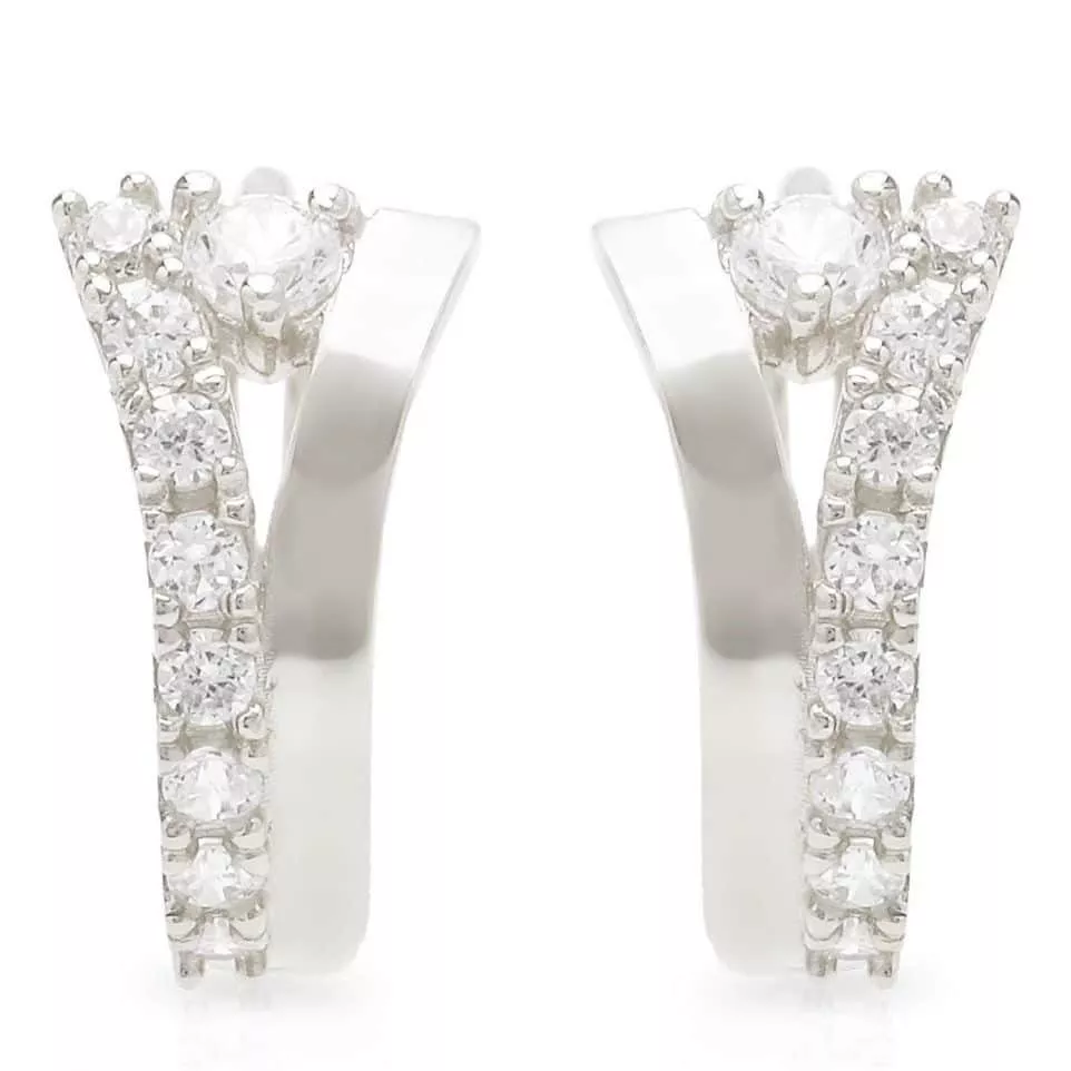0.20CTW CZ 14K White Gold Fancy Huggie Hoop Earrings 0.5"