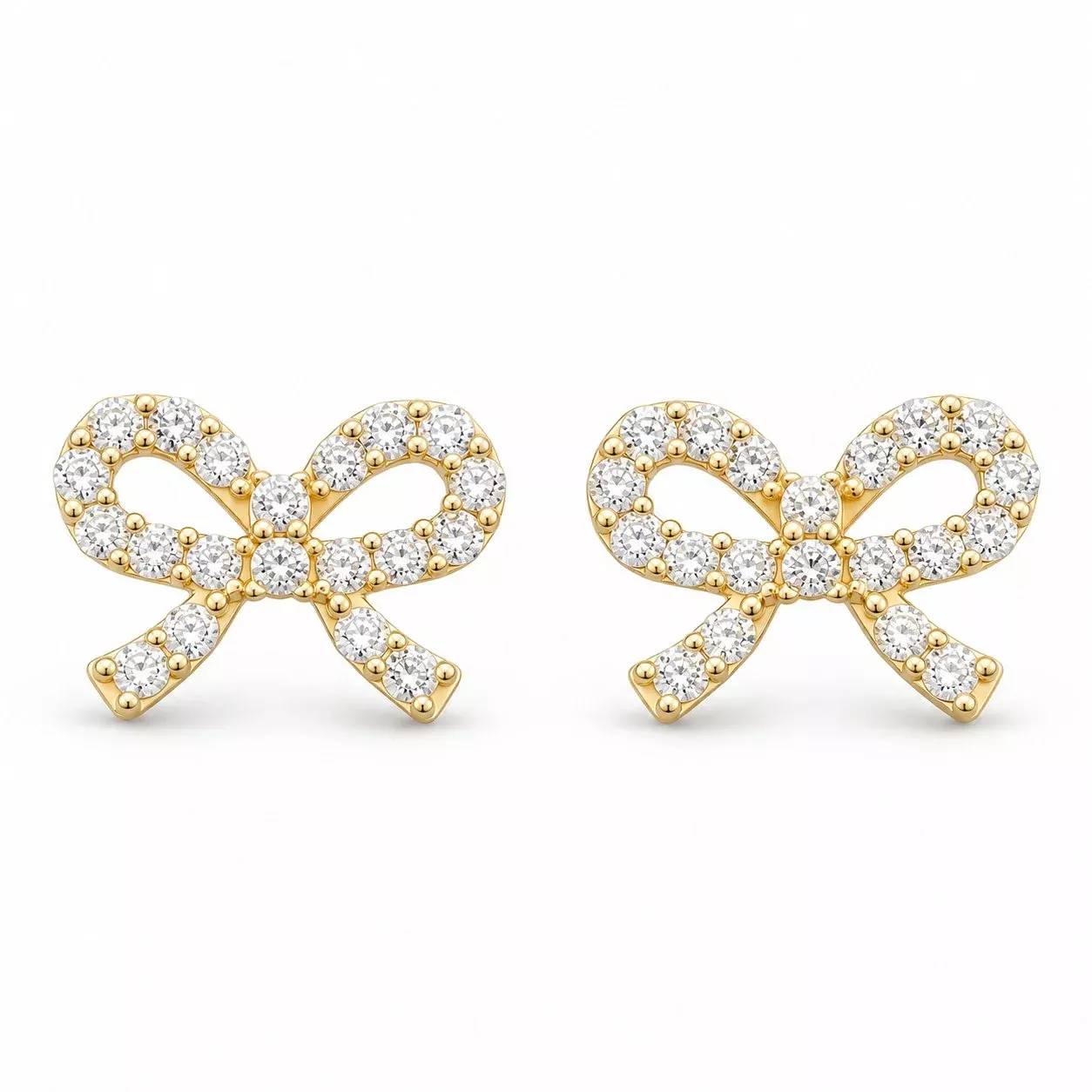 0.25Ct Round CZ 14K Yellow Gold Bow Tie Stud Earrings Screw Back