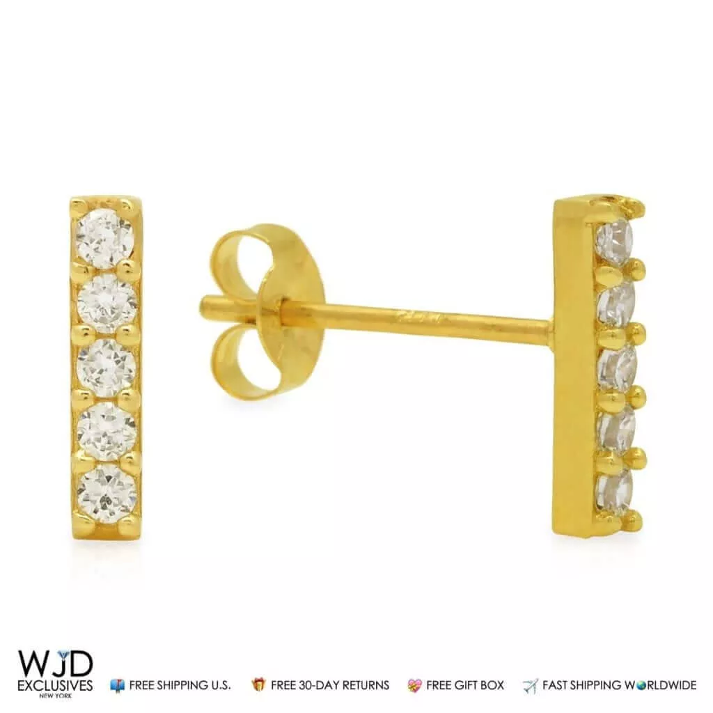 0.30Ct CZ 14K Yellow Gold Small Stick Bar Stud Earrings 8mm
