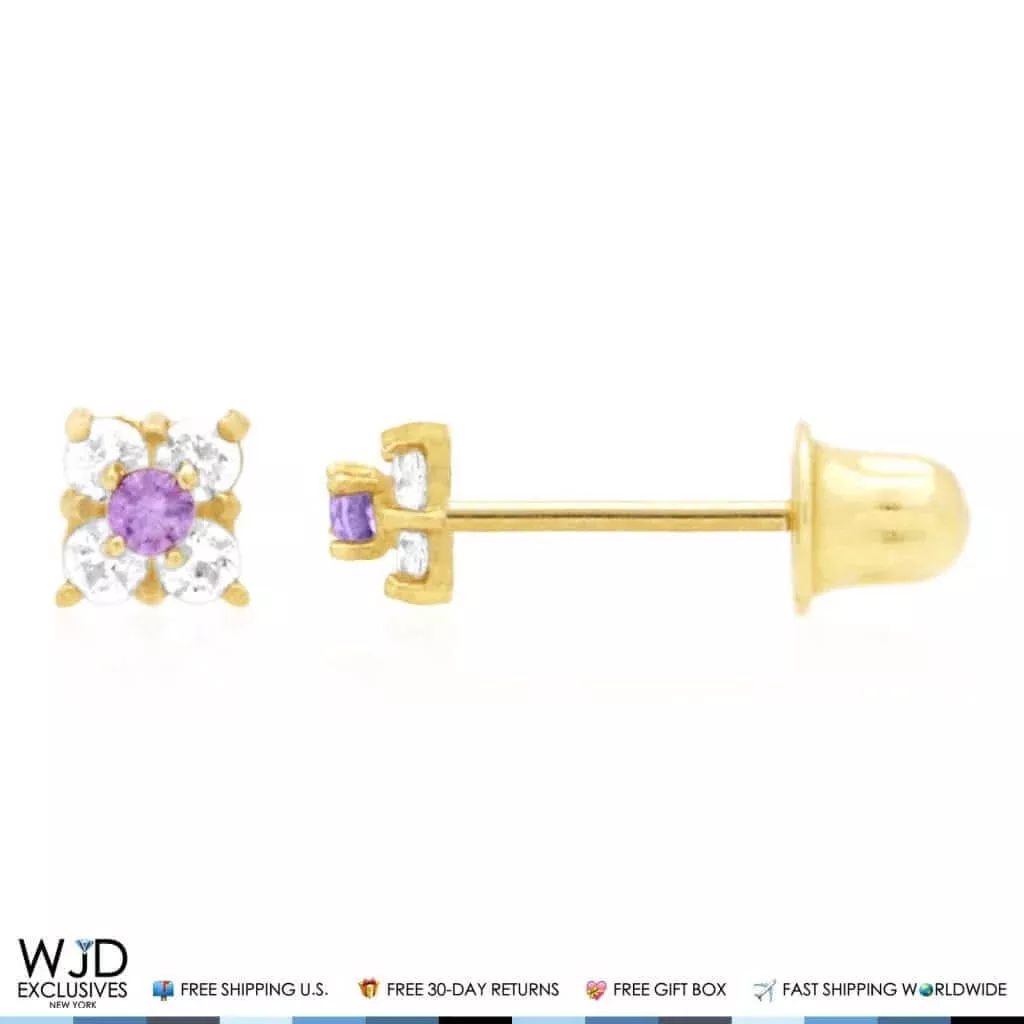0.30Ct CZ & Amethyst 14K Gold Square Screw Back Stud Earrings