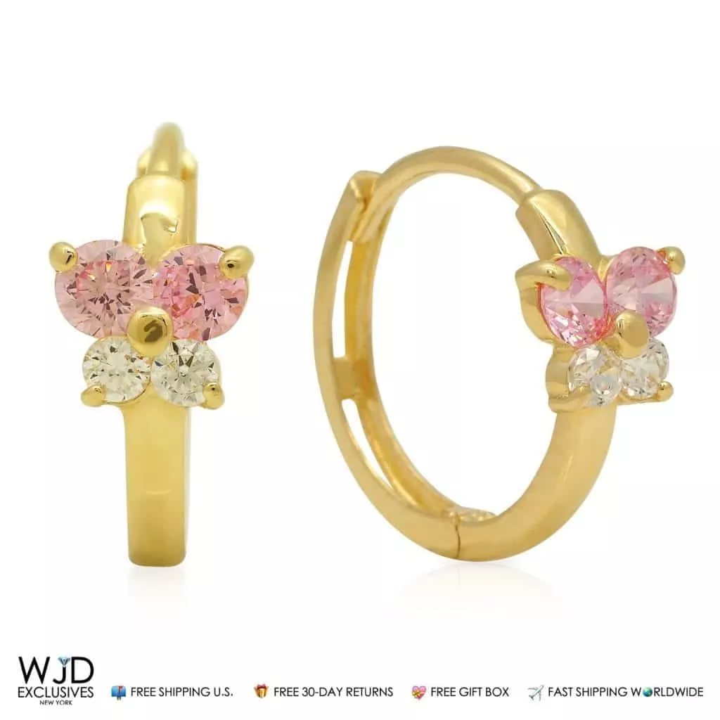 0.30Ct CZ & Pink Tourmaline 14K Yellow Gold Huggie Hoop Earrings