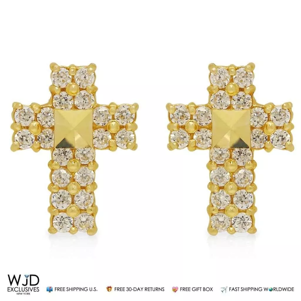 0.40Ct CZ 9mm Diamond-Cut Cross Stud Earrings 14K Yellow Gold