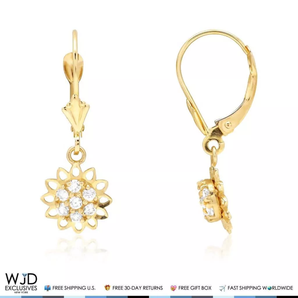 0.40CTW CZ 14K Yellow Gold Flower Dangle Lever back Earrings