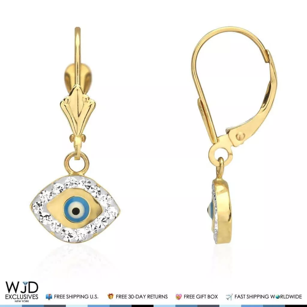 0.50Ct CZ 14K Yellow Gold Sky Blue Evil Eye Dangle Earrings