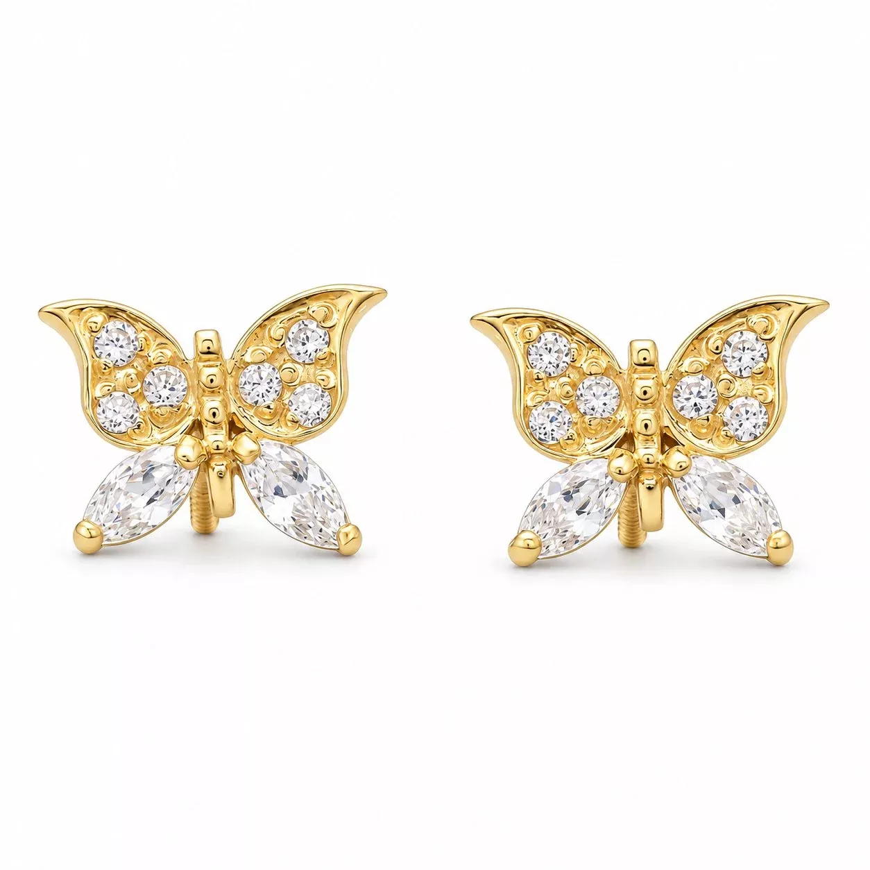 0.50Ct CZ Butterfly Stud Earrings 14K Yellow Gold Screw Back 10mm