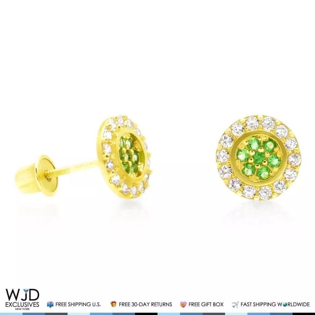 0.50Ct CZ & Peridot Halo Stud Earrings 14K Yellow Gold 7mm