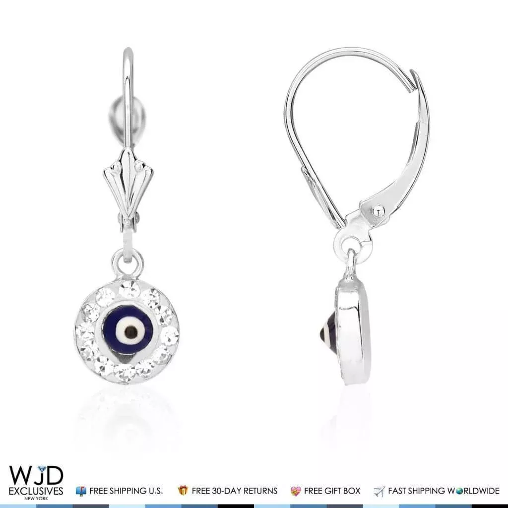 0.50CTW CZ 14K White Gold Black Evil Eye Dangle Earrings