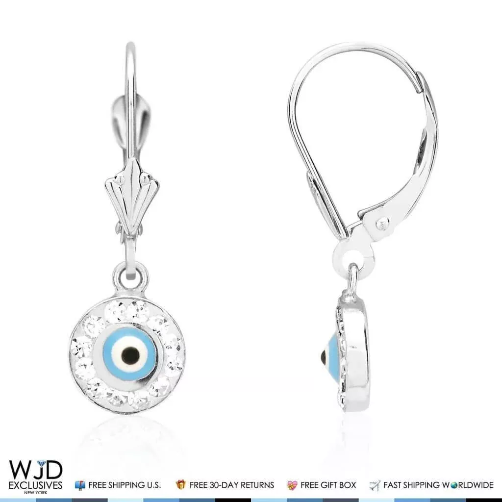 0.50CTW CZ 14K White Gold Blue Evil Eye Round Dangle Earrings