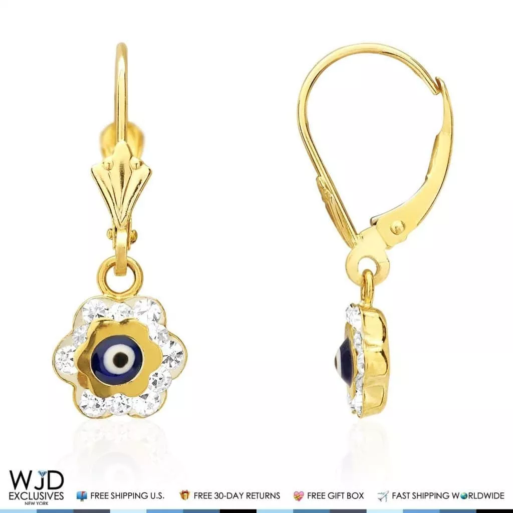 0.50CTW CZ 14K Yellow Gold Blue Evil Eye Flower Dangle Earrings