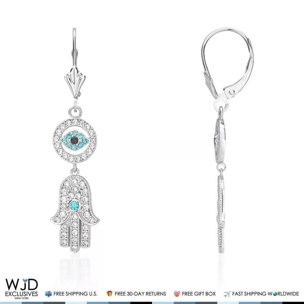 1.10Ct CZ 14K White Gold Hamsa Evil Eye Dangle Leverback Earrings