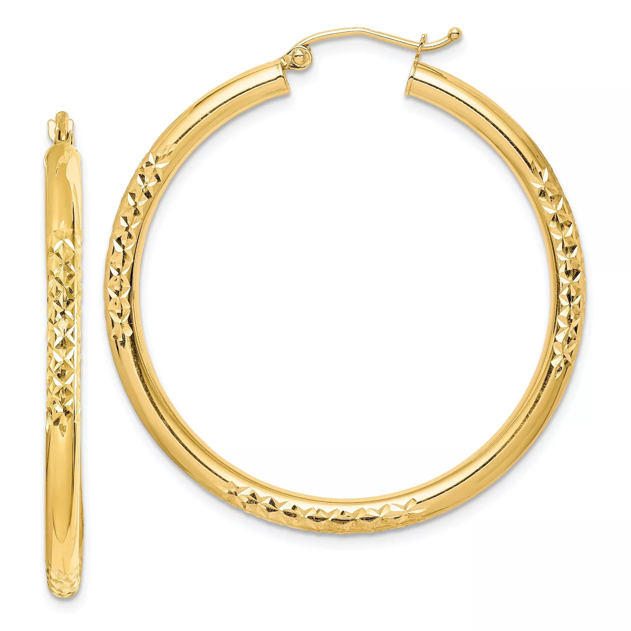 10K Diamond Cut 3x40mm Hollow Tube Hoop Earrings