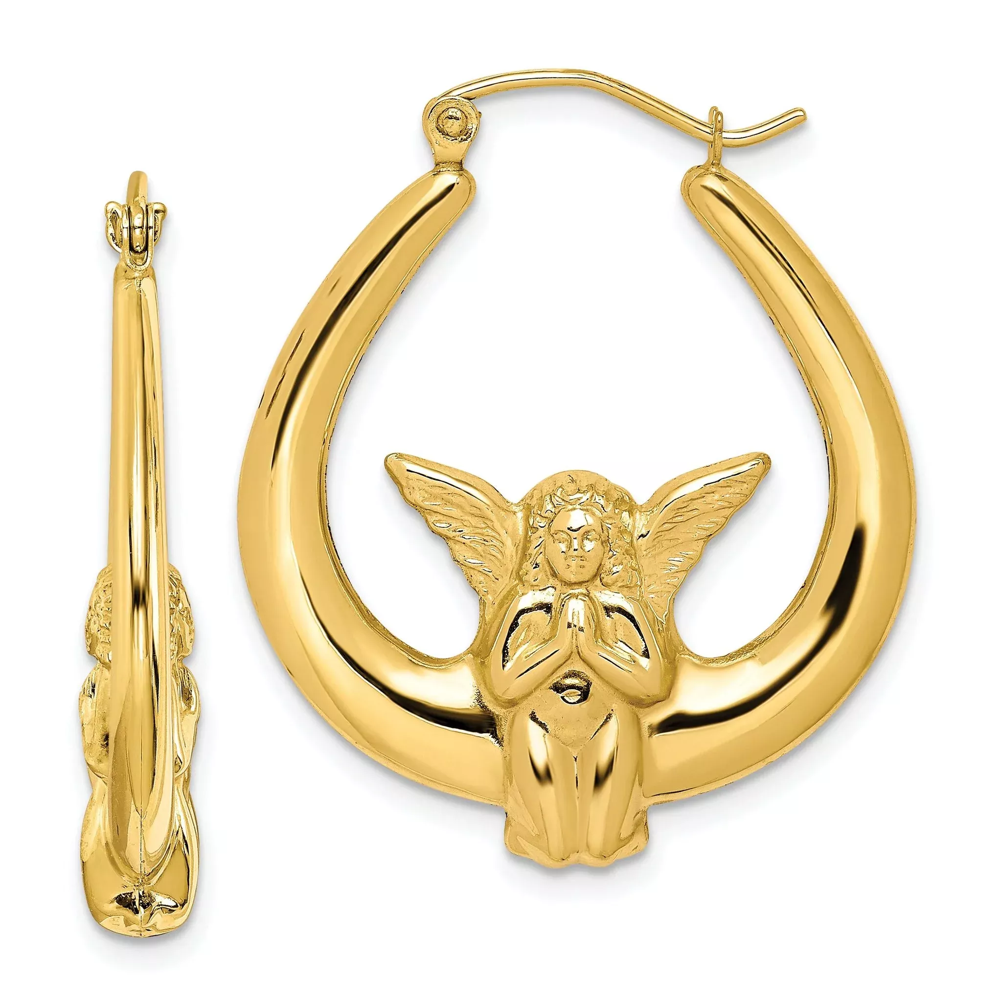 10K Gold Angel Hoop Earrings with Polished Finish and Secure Closure