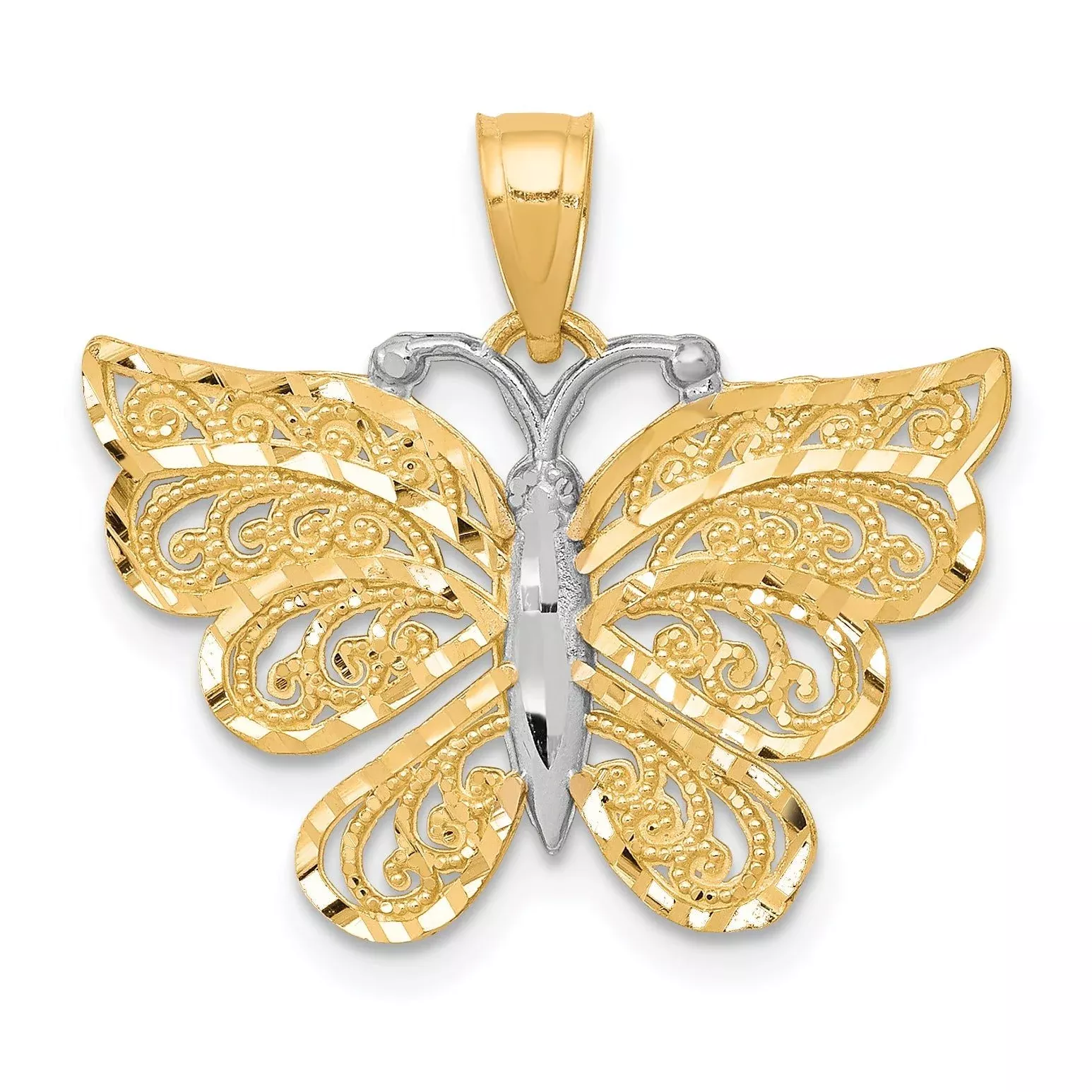 10K Gold Butterfly Pendant with Rhodium Accents, Polished Finish