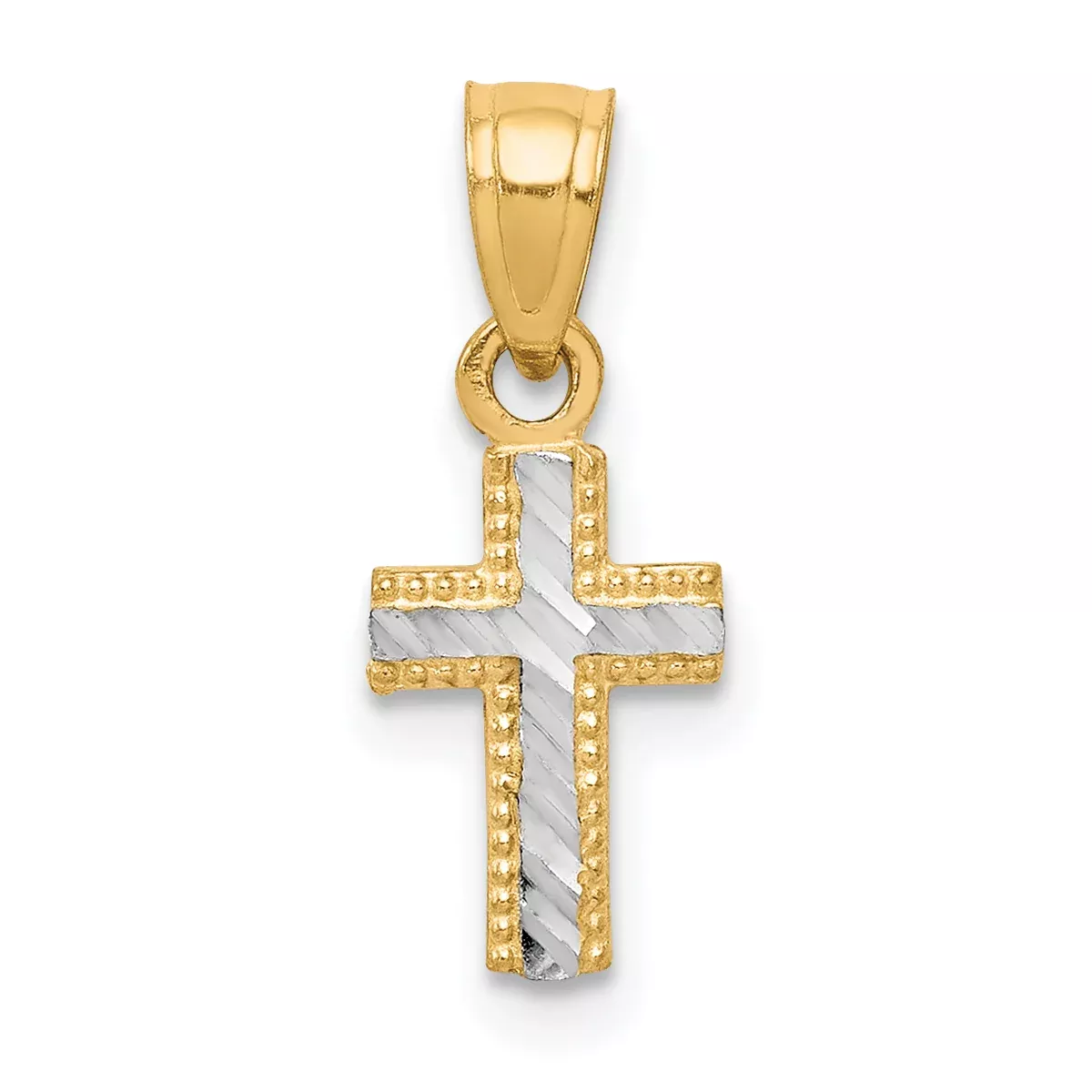 10K Gold Cross Pendant with Rhodium Accents and Polished Finish