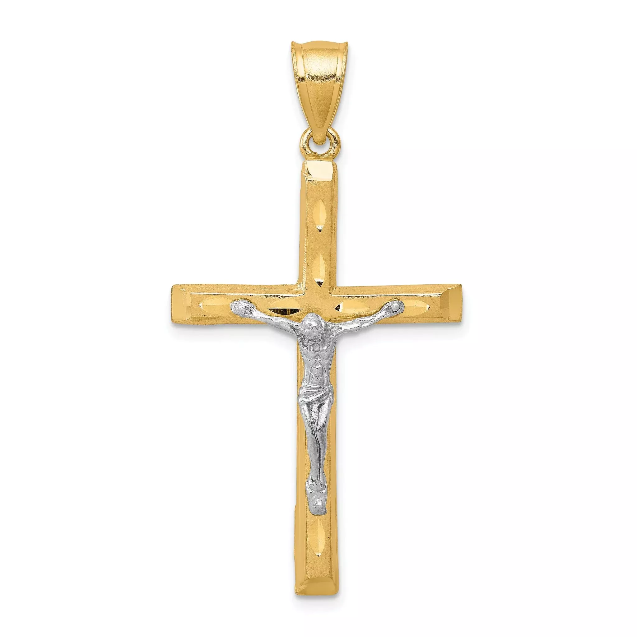 10K Gold Crucifix Pendant with Rhodium Accent Polished Finish