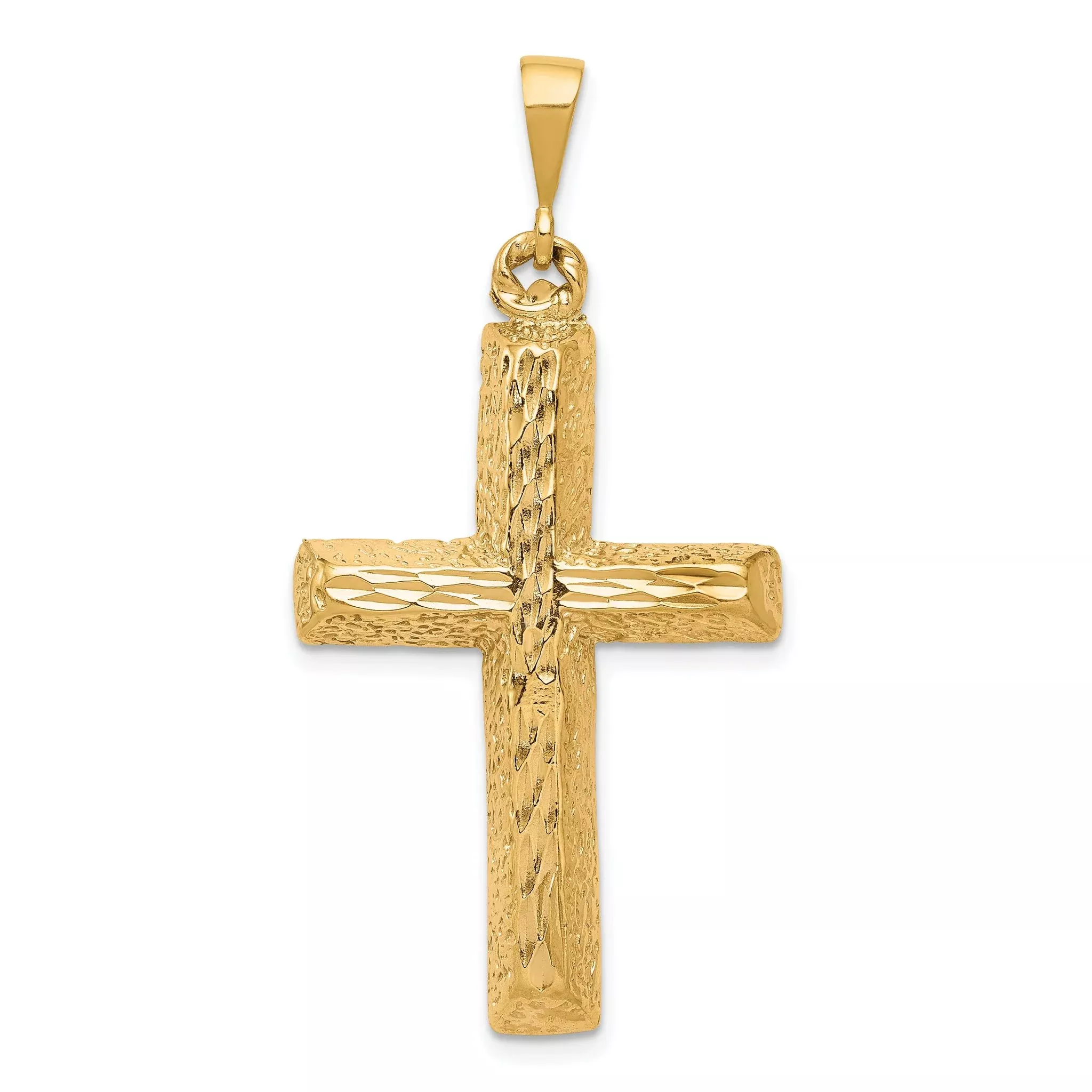 10K Gold Diamond-Cut Cross Pendant Solid Polished Finish 45mm
