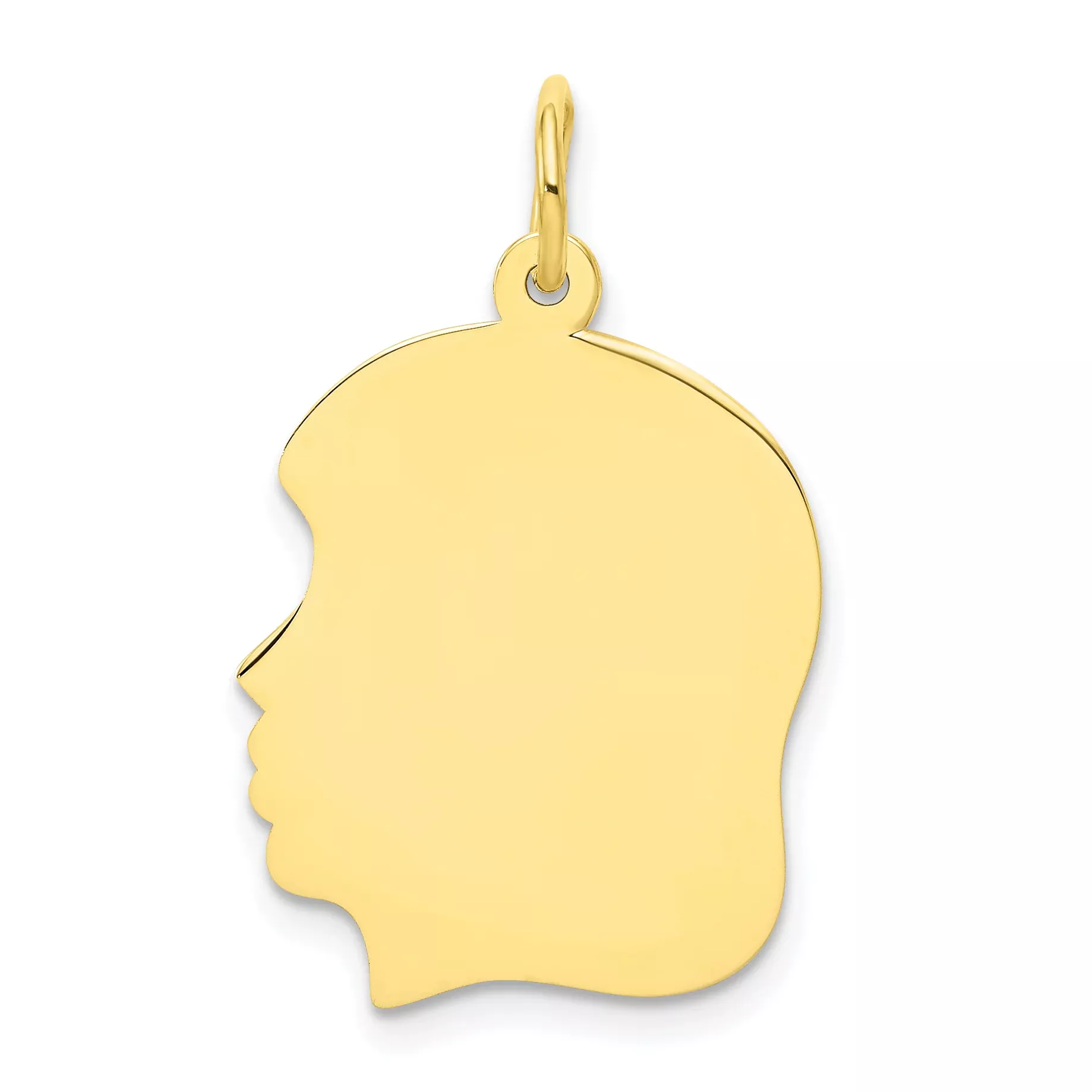 10K Gold Engravable Girl Head Charm Polished Finish 27mm Elegant Design