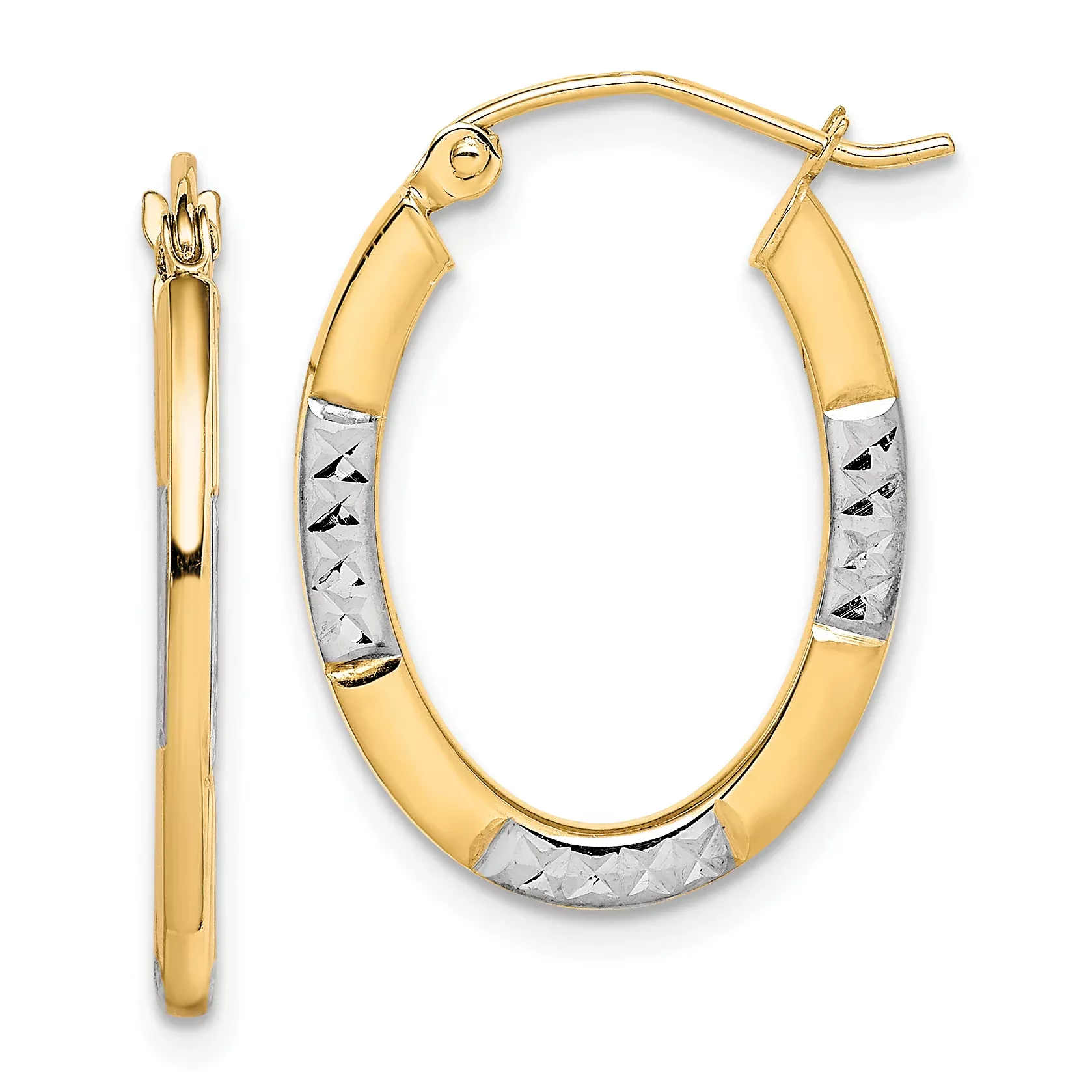 10K Gold & Rhodium Oval Hoop Earrings with Diamond-Cut Polished Finish