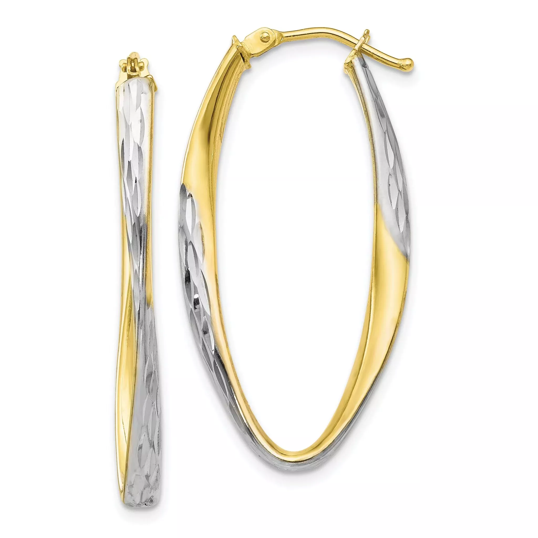 10K Gold White Rhodium-Plated Diamond-Cut Hoop Earrings Elegant Hollow Design