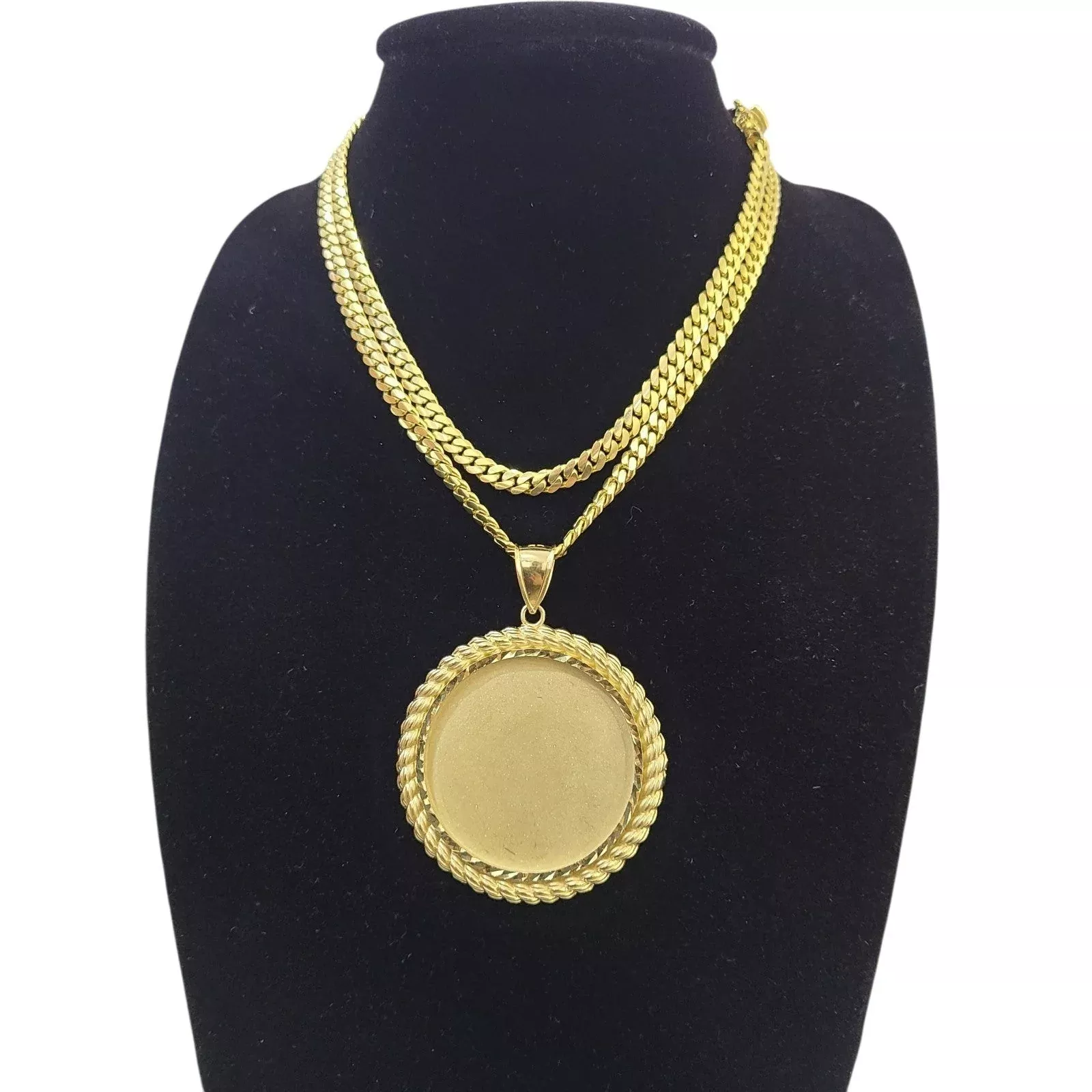 10k Solid Gold Miami Cuban Chain Photo Frame Pendant Charm Set 4mm 18"-26"