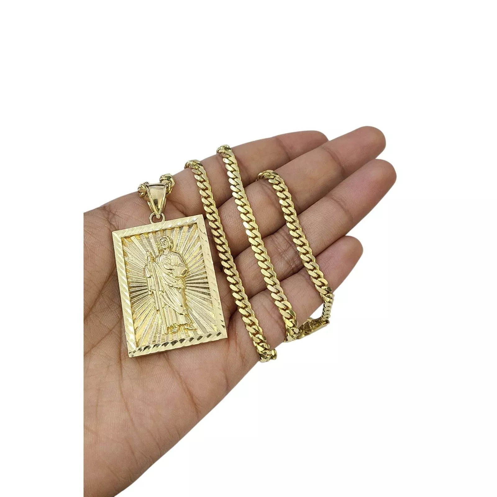 10k Solid Gold Miami Cuban Chain Saint Jude Pendant Charm Set 4mm 18"-26"