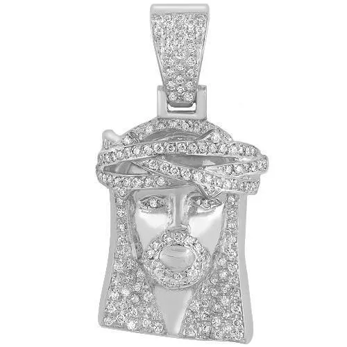 10K Solid White Gold Mens Jesus Head Pendant With Round Cut Diamonds 1.03 Ctw