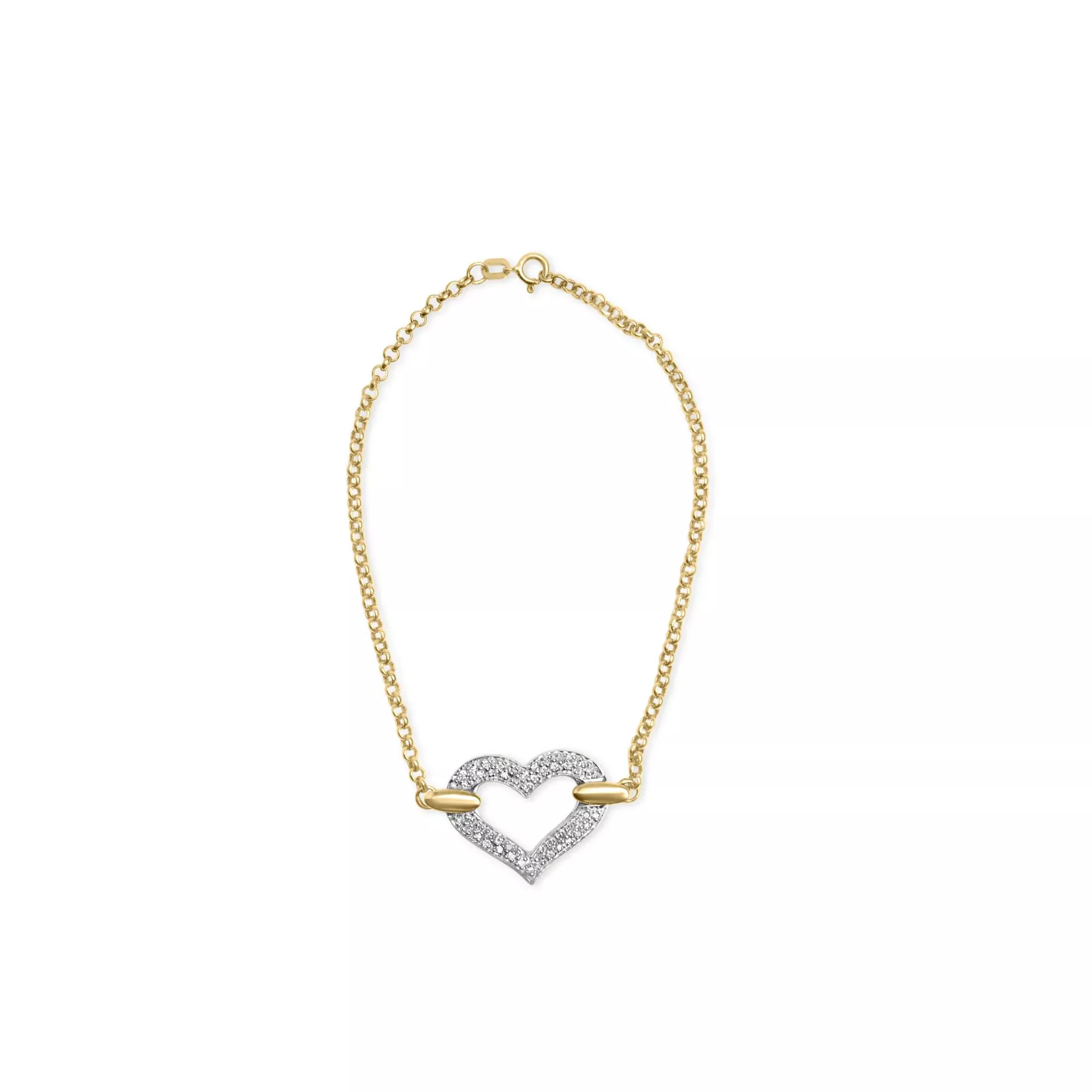 10K Two Tone Gold 1/4 Cttw Diamond Encrusted Heart Charm 7" Bracelet (H-I Color, I1-I2 Clarity)