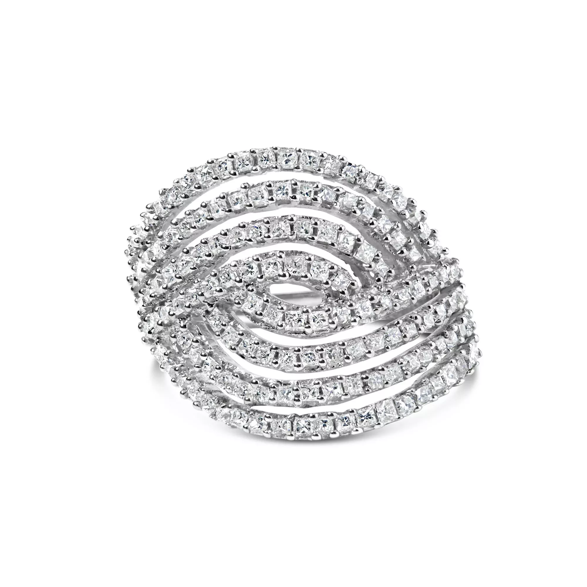 10K White Gold 1 1/2 Cttw Princess Diamond Swirl Design Cocktail Ring