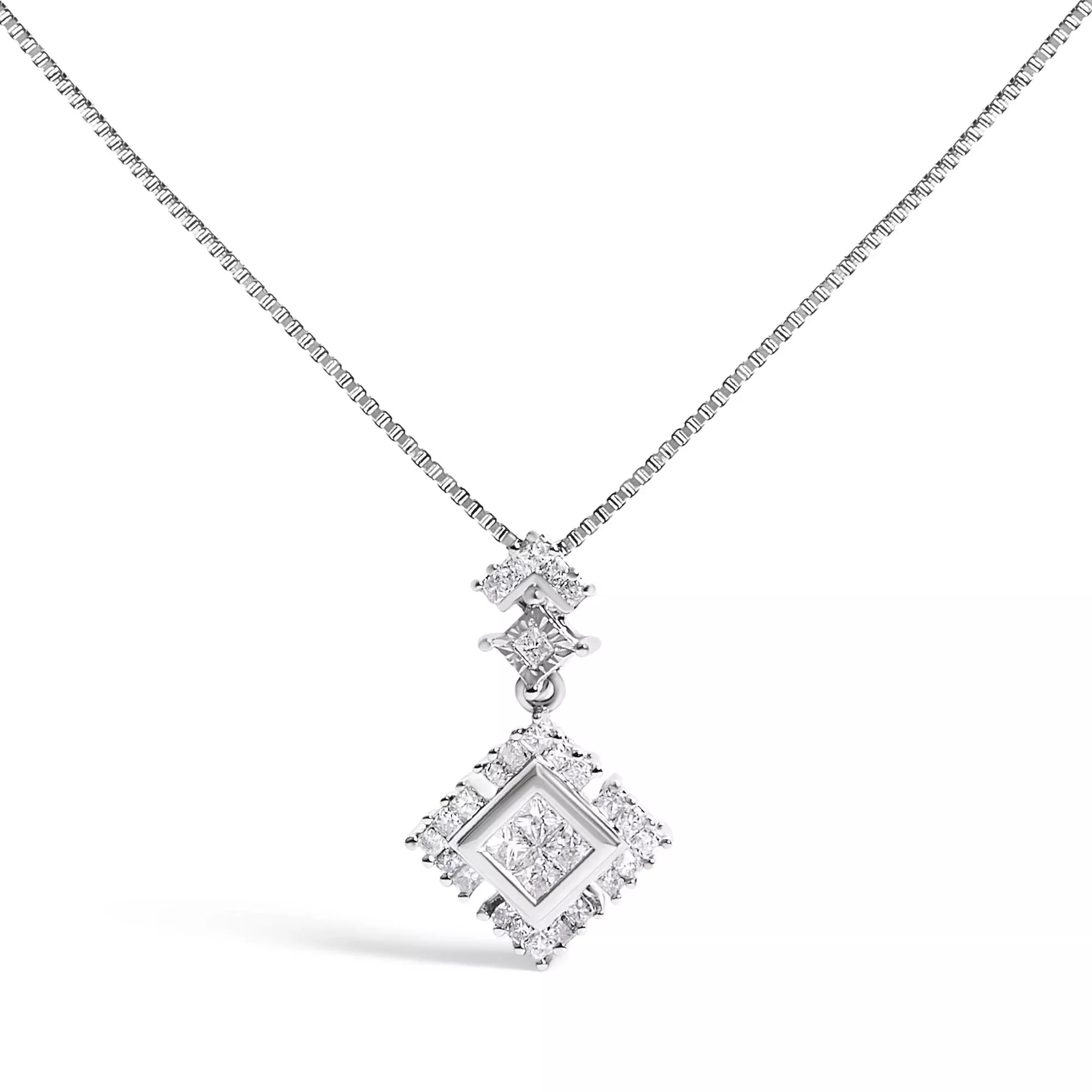 10K White Gold 1/2 Cttw Princess Cut Rhombus Drop Pendant Necklace