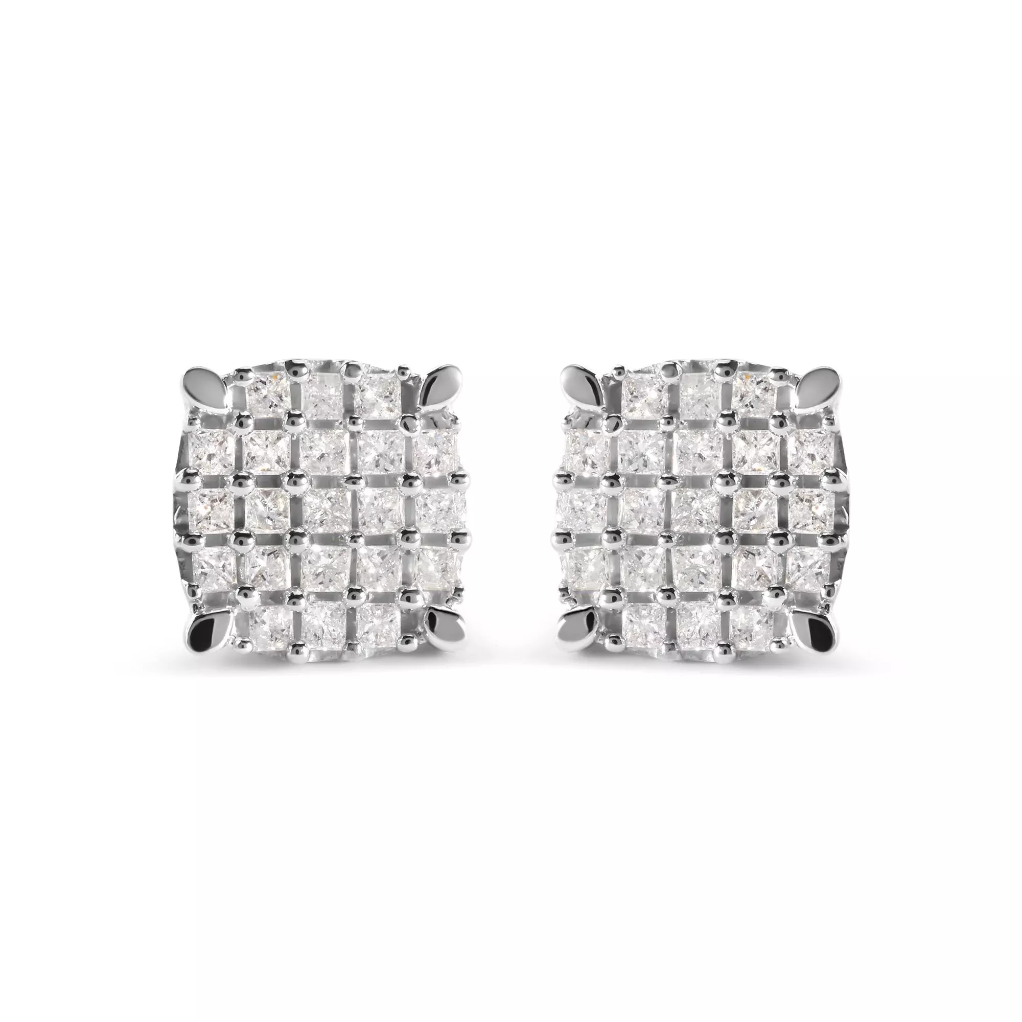10K White Gold 3/4 Cttw Princess Diamond Composite Cushion Shape Stud Earrings (I-J Color, I1-I2 Clarity)