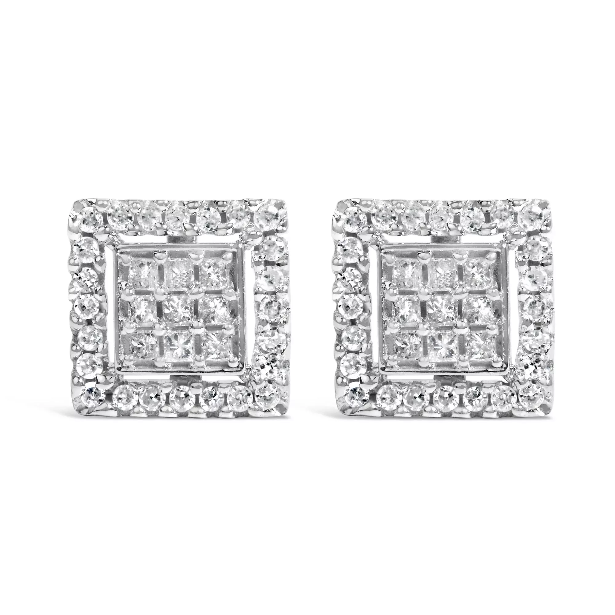 10K White Gold 3/4 Cttw Princess Diamond Composite and Halo Stud Earring (H-I Color, SI2-I1 Clarity)