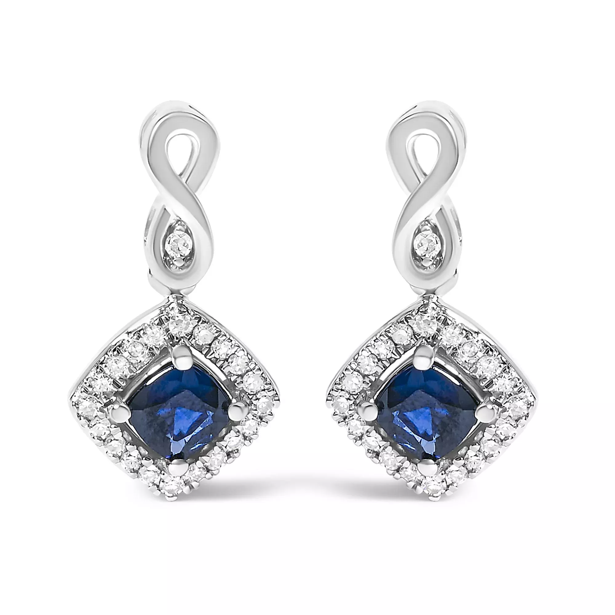 10K White Gold BlueSapphire and Diamond Halo Cushion Shaped Drop Earrings (I-J Color, I1-I2 Clarity)