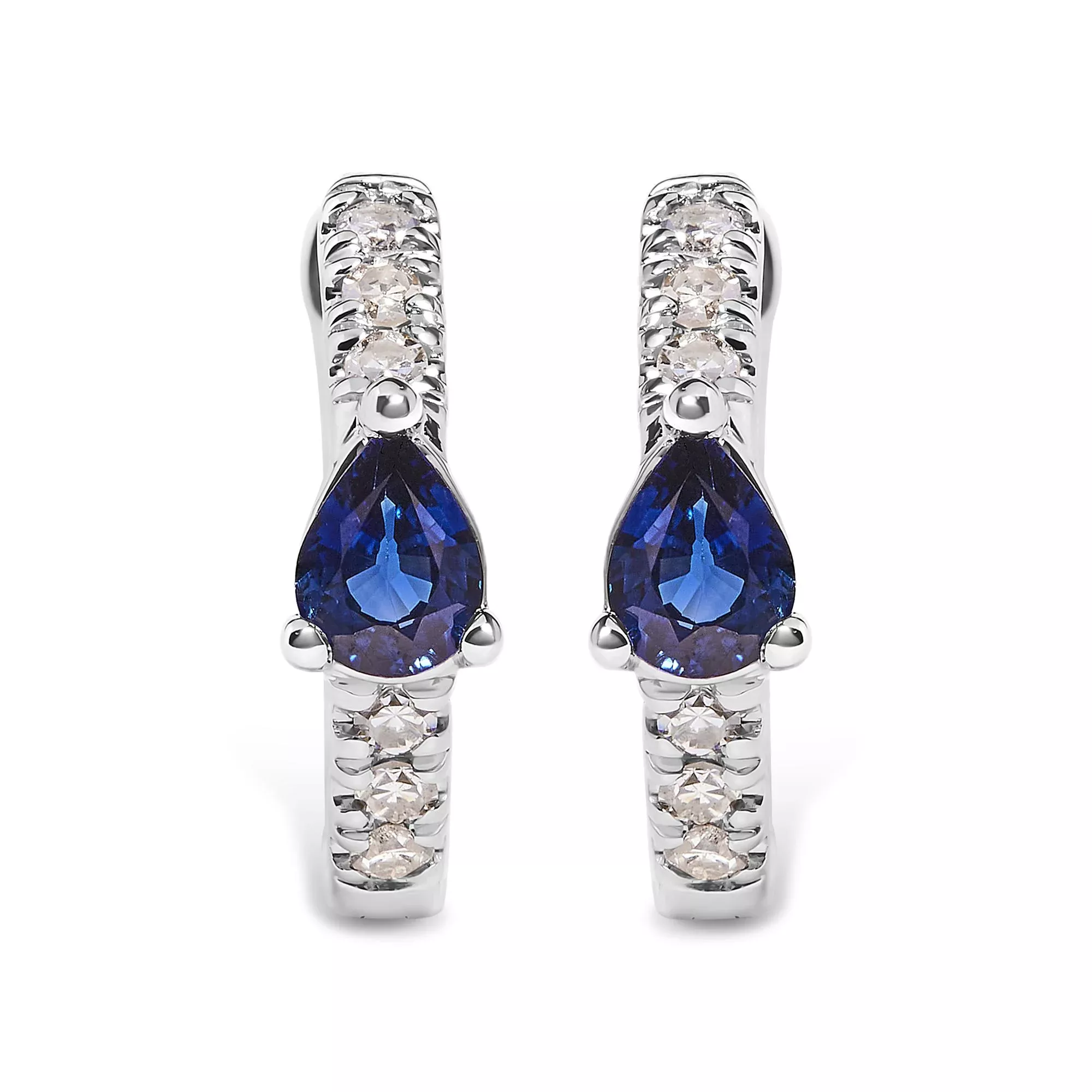 10K White Gold Pear Shaped Blue Sapphire and 1/10 Cttw Diamond Huggy Hoop Earrings (H-I Color, I1-I2 Clarity)