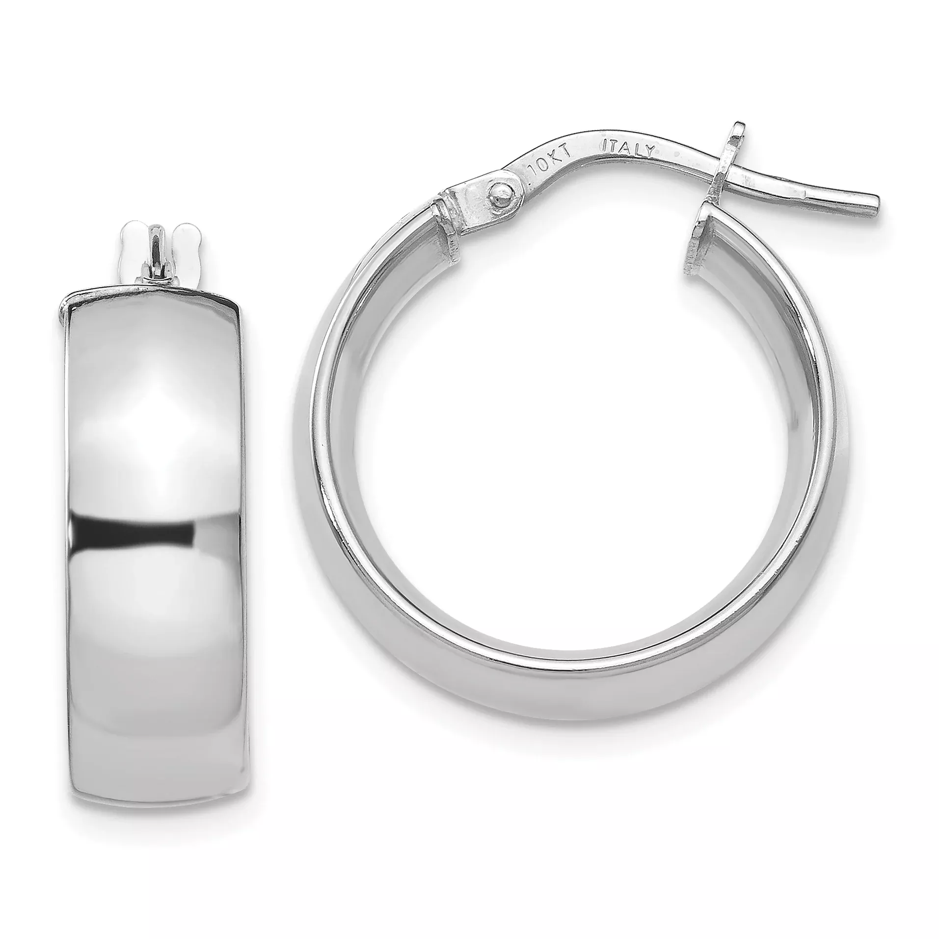 10K White Gold Polished Hoop Earrings with Rhodium Finish, Hollow Design