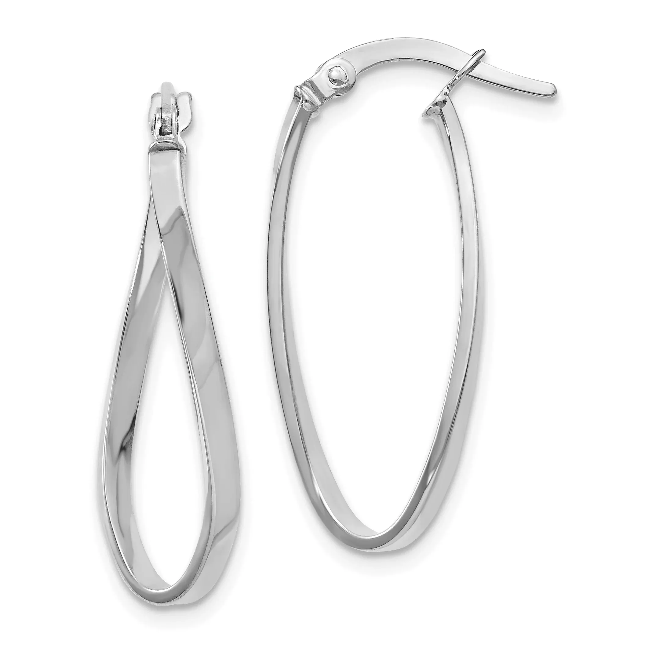 10K White Gold Polished Oval Hoop Earrings with Rhodium Finish, Twisted Design