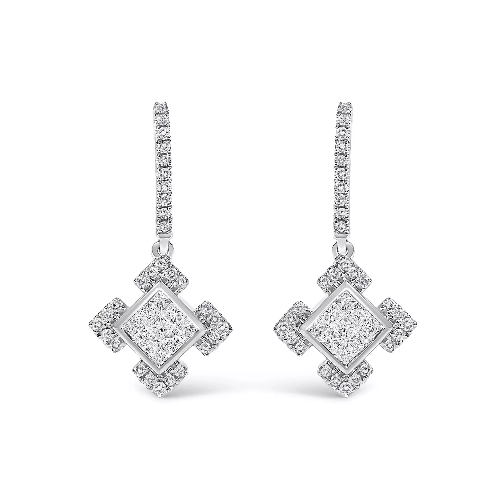 10K White Gold Princess and Round Diamond Geometric Composite Dangle Earrings