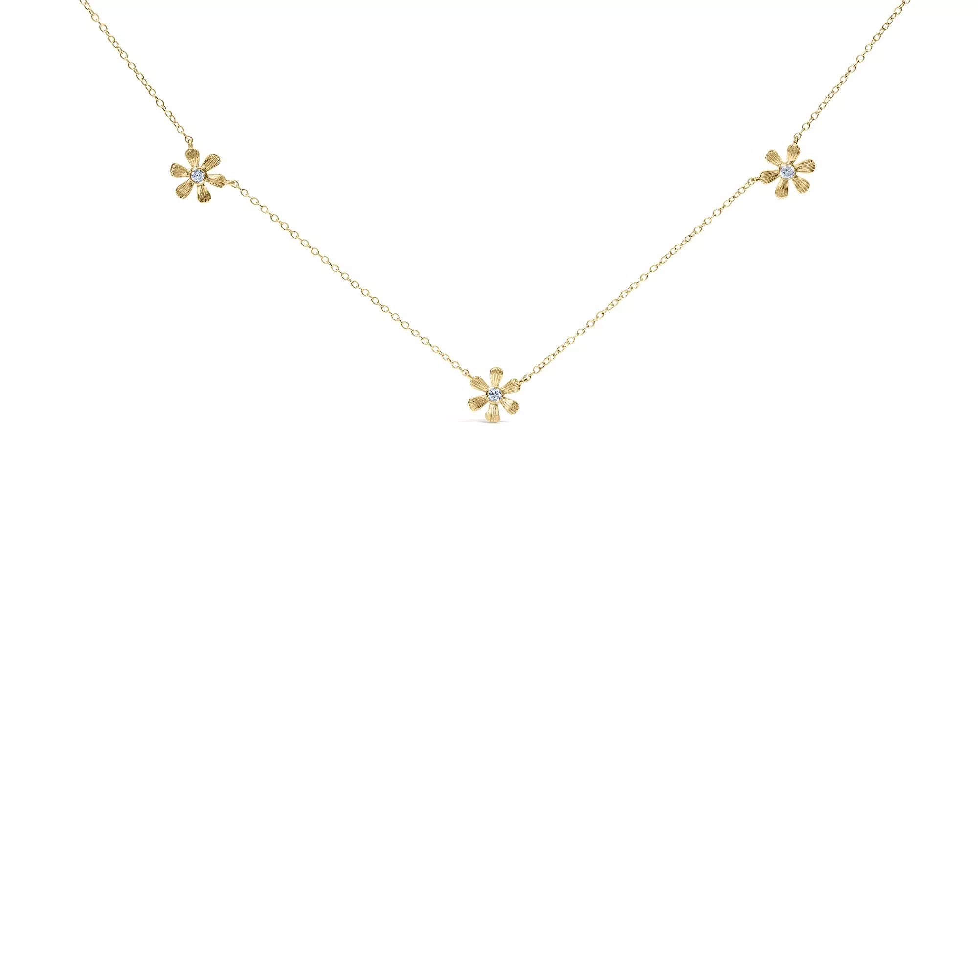 10K Yellow Gold 1/8 Cttw Diamond Floral Station Chain Necklace (I-J Color, I1-I2 Clarity)