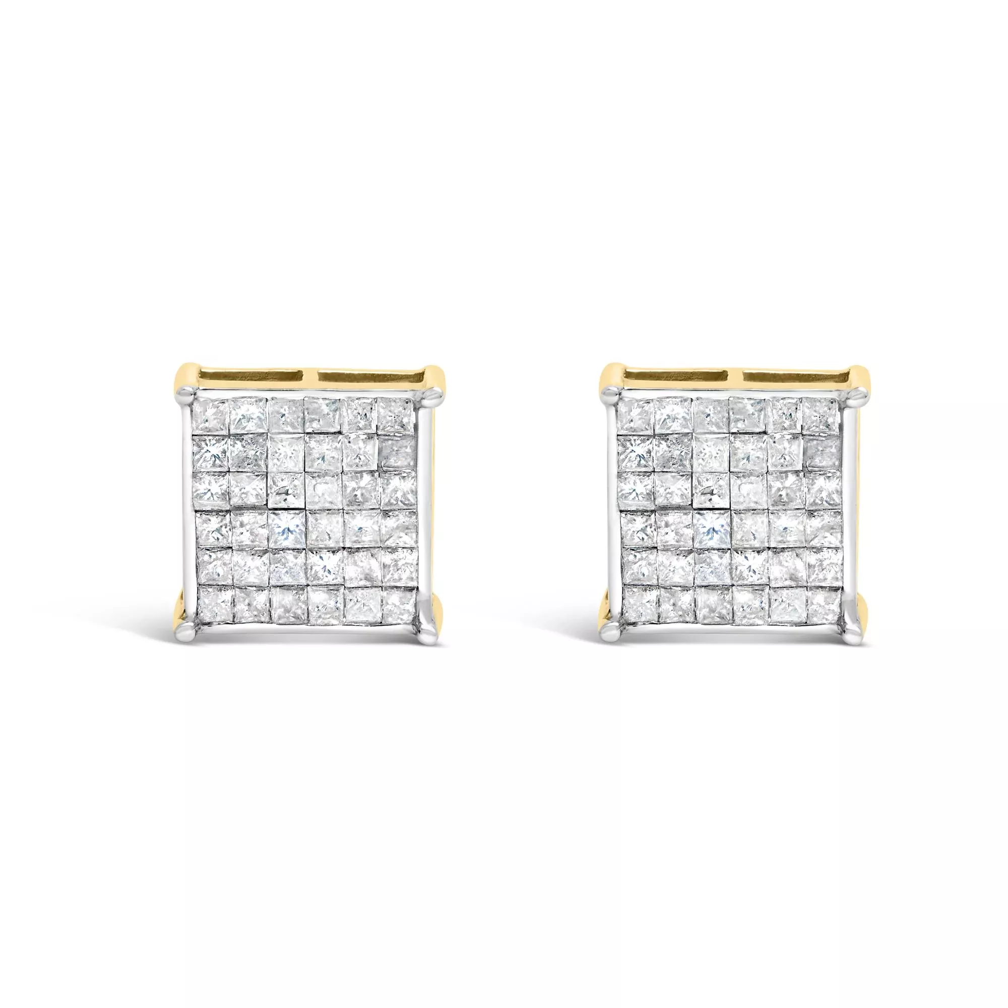 10K Yellow Gold 2.0 Cttw Invisible-Set Princess-Cut Diamond Stud Earrings