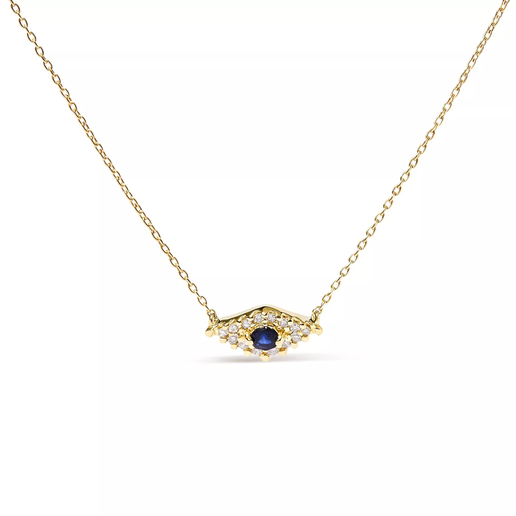 10K Yellow Gold Blue Sapphire and Diamond Accented Evil Eye 18" Inch Pendant Necklace (H-I Color, I1-I2 Clarity)