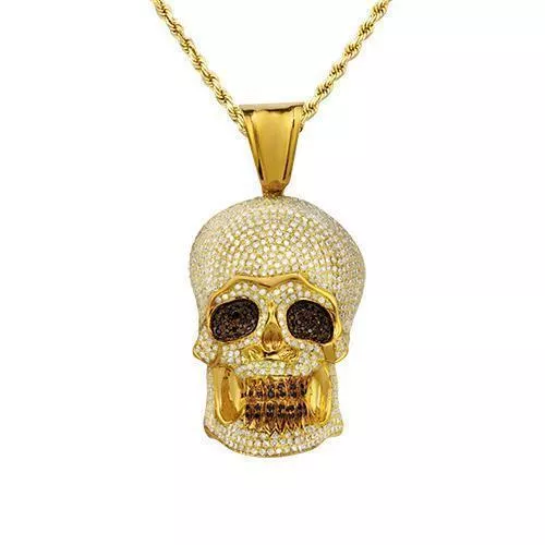 10k Yellow Gold Diamond Skull Pendant with Black Diamonds 7.15 Ctw