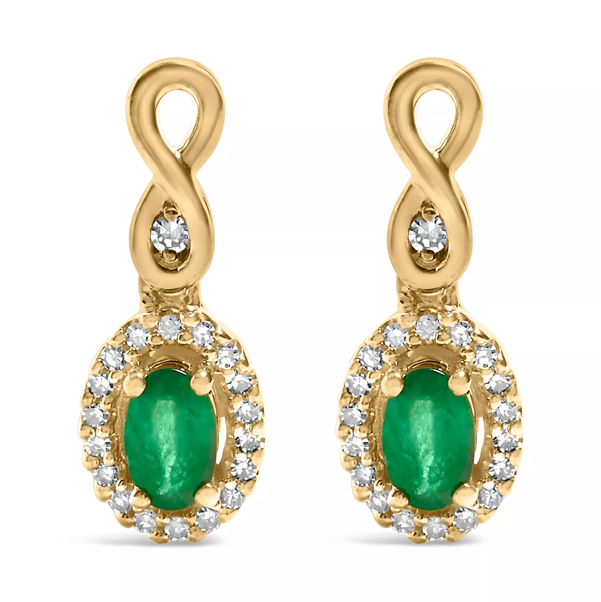 10K Yellow Gold Oval Cut Green Emerald 5x3 mm and 1/7 Cttw Round Diamond Dangle Earrings