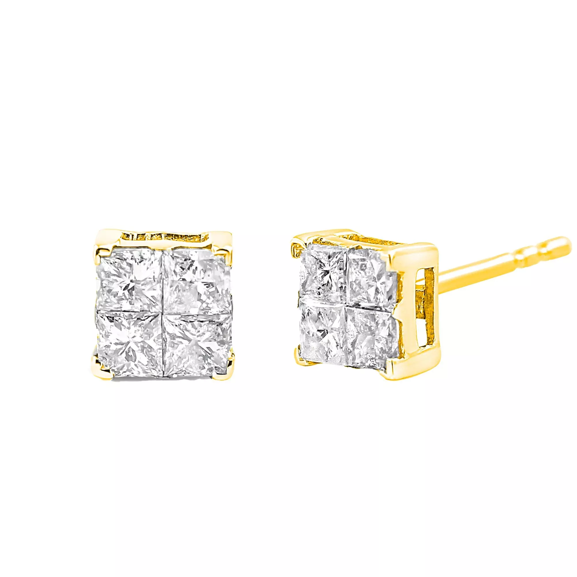 10K Yellow Gold Plated .925 Sterling Silver 1.0 Cttw Princess-Cut Diamond Composite Multi Stone Stud Earrings (J-K Color, SI2-I1 Clarity)
