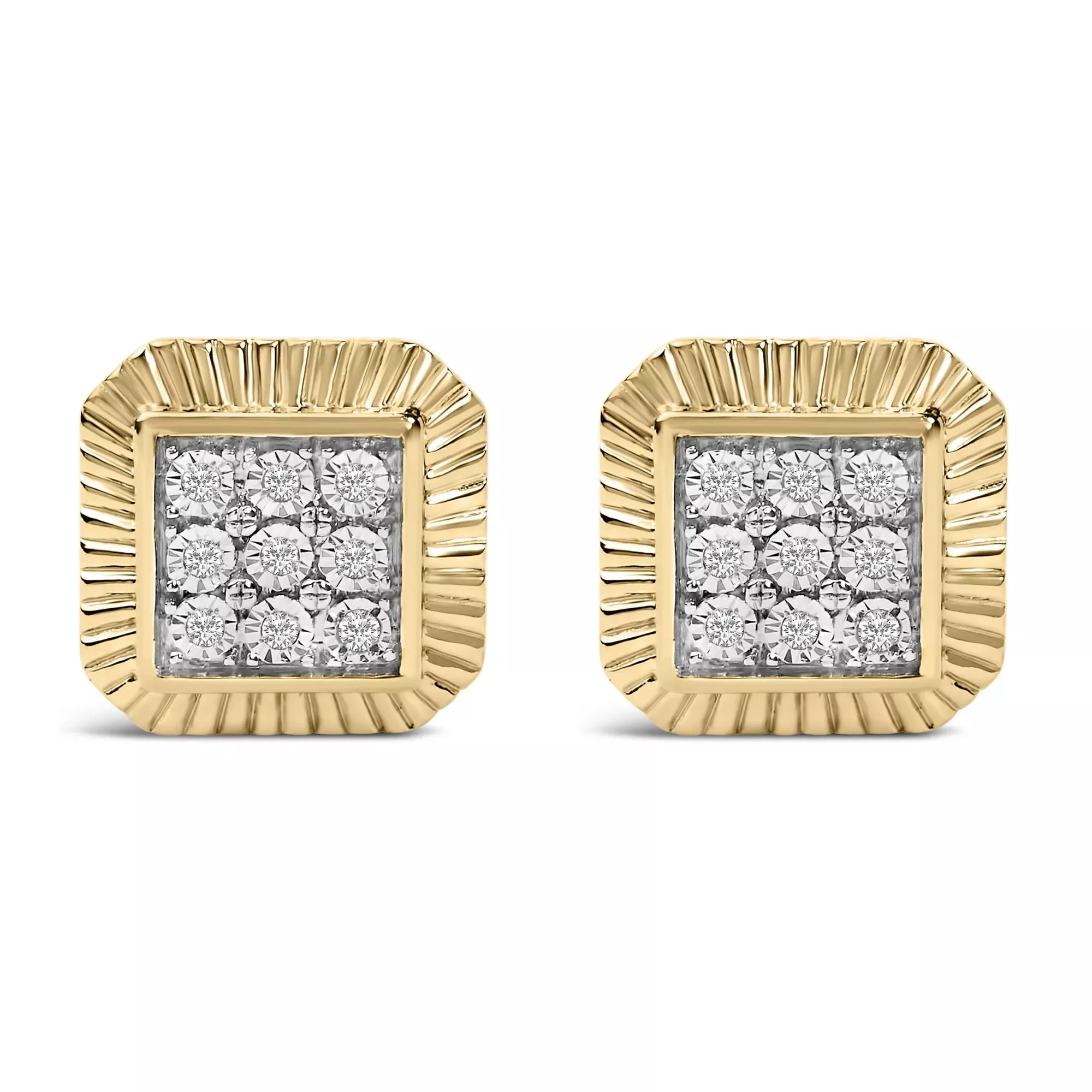 10K Yellow Gold Plated .925 Sterling Silver 1/6 Cttw Diamond Textured Halo Stud Earrings