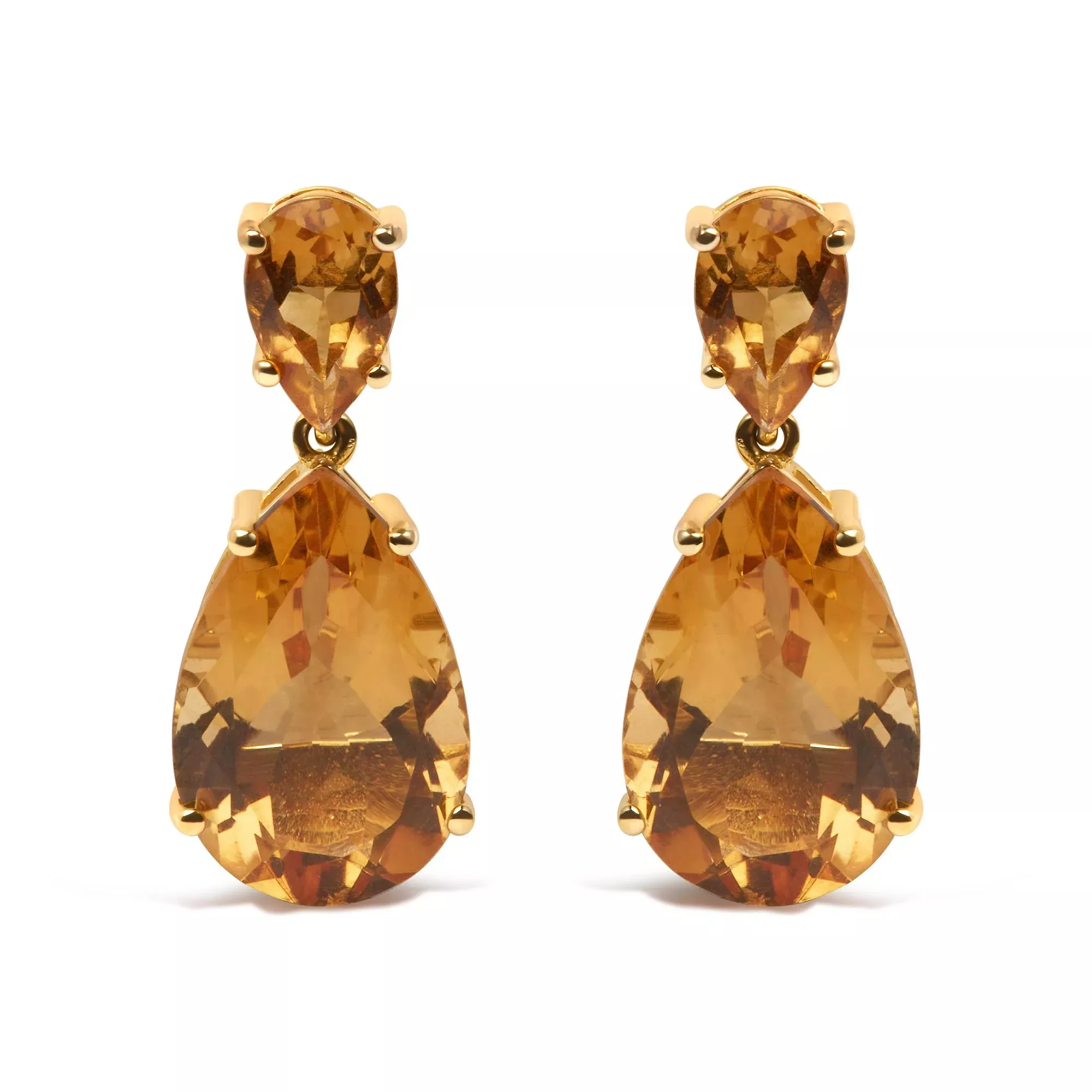 10K Yellow Gold Plated .925 Sterling Silver 12 1/3 Cttw Pear Shaped Orange Citrine Dangle Double Drop Stud Earring