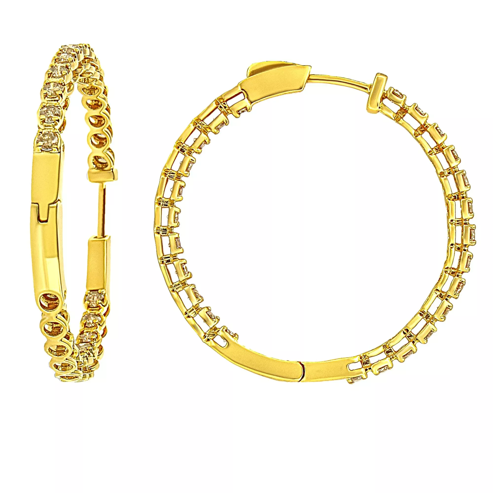 10K Yellow Gold Plated .925 Sterling Silver 3.00 Cttw Round Stone Champagne Diamond Inside-Out Hoop Earrings (Champagne Color, I1-I2 Clarity)