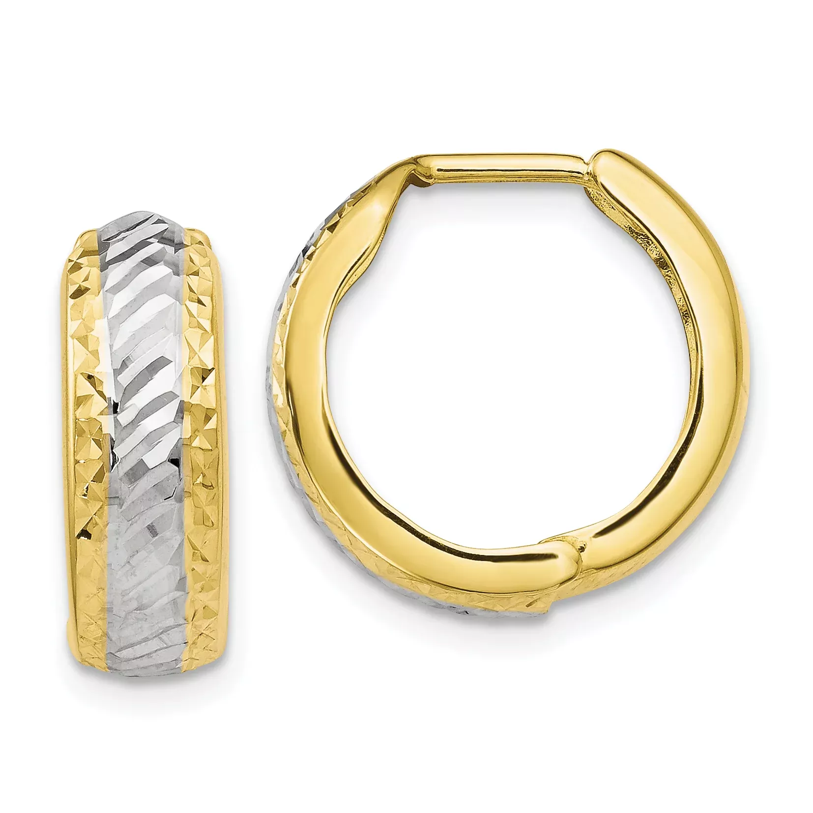 10K Yellow Gold Rhodium-Plated Diamond-Cut Hoop Earrings with Hinged Closure