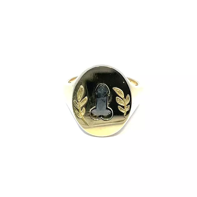 10K Yellow Gold Signet Ring With Diamond Carving